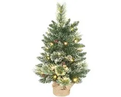 HOMCOM Sapin de Noël artificiel 60 cm, mini sapin avec couche floquée pour table, 64 branches, 35 LED, pommes de pin et pied en lin, fonctionne à piles, décoration de Noël pour la maison, vert