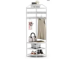 VEDECASA Coat Rack Metal Corner Wardrobe, Hallway Tree, Freestanding Clothes Stand with 12 Movable Hooks and Storage Rack for Hallway, Living Room, Bedroom, Office, Hallway, Entrance, White
