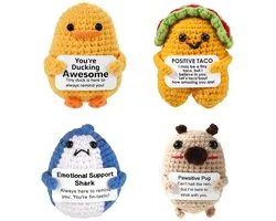 4Pcs Positive Dolls, Positive Pug Tacos Knitted Toys with Active Card Wool Crochet Emotional Support Duck Shark Cheering Gift for Friends Families Christmas Birthday
