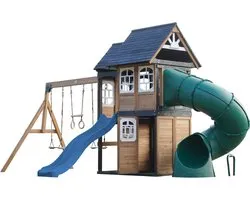 AXI Noud Aire de jeux avec cabane, balançoires, trapèze, mur d'escalade – Avec banc – Toboggan bleu – Avec toboggan tubulaire - Bois 100 % FSC – Aire de jeux pour le jardin / extérieur