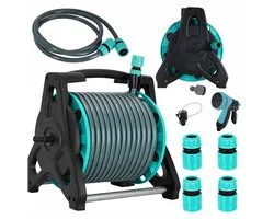 MOZY® - Tuinslang met Haspel - Inclusief 30 meter Tuinslang - Turquoise - met Sproeikop - Automatische Slanghaspel - Tuinslanghaspel
