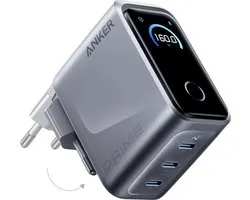 Anker Prime Oplader, 160W 3-Poorts Compacte USB-C GaN Oplader, Slim Display en Touch Control, Ultrasnelle 140W Enkele-Poort Oplading voor Laptop