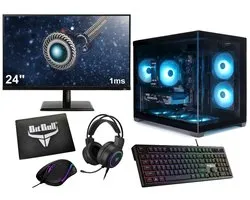 Configuration PC de jeu Ryzen 5 Budget complète avec écran de jeu 24", clavier, souris, casque et tapis de souris | SSD 500 Go | RAM 16 Go | Boîtier Mini Aquarium avec refroidisseur tour aRVB | WiFi 6 | Bluetooth 5.4 | Gamdias AURA GC10M