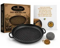 MAYSTERNYA Gietijzeren Grillpan Rond – Ø40 cm – BBQ Grillplaat voor Buitenkeuken – Barbecue Accessoire – Zware Kwaliteit – Mat Zwart