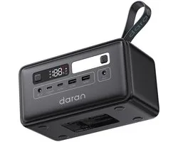 DaranEner Q200 draagbaar powerstation, 192Wh LiFePO4-batterij, 100W bidirectionele USB-C, twee 18W USB-A-poorten, 60W DC-uitgang, 100W ingang, 60W zonne-energie-ingang, LED-verlichting, voor kamperen en buitengebruik.