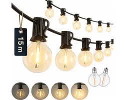 Decens 15m Dimbaar Lichtsnoer Rond - Waterdicht / 25 LED Lampjes Slinger - Kerst Lichtslinger voor Buiten Terras en Camping - Tuinverlichting - 2700k / Warm Wit