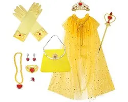Loha-party®11 stuks Princes verkleed set-verkleedcape-Geel jurk-Carnaval kleeding-verjaardag cadeau-kinder cadeau kit- jurk-Prinsessencape-Crown-Wand-Handschoenen-Oorbel-Ring-armband-handtas-verjaardag-feestartikelen-accessoires-11stuks