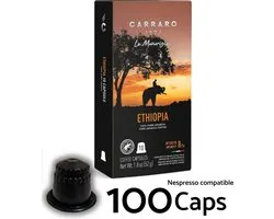 100x Koffiecups (Nespresso® Compatibel) - Caffe Carraro 1927 Ethiopië Single Origin Koffie capsules - - Espresso en Lungo - Intensiteit 8/14 - Made in Italy - Voor Nespresso Inissia, Citiz, Essenza, Pixie, Creatista ...