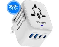Voomy Wereldstekker Universeel - 200+ Landen Reisstekker - 2 USB-C & 2 USB-A - Wit