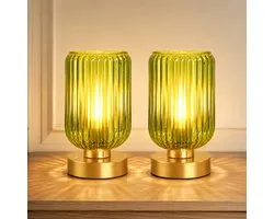 Rosnek Set van 2 Draadloze Tafellamp Mid-Century - Touch Dimbaar - Oplaadbare Bedlamp met Groen Glas - Vintage Nachtlamp 7500mAh - Sfeerlamp - Slaapkamer Woonkamer