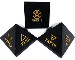 Gemstone Pyramid Black Tourmaline (ca. 5cm, 150g) Hand Engraving 5 Elements of Life Fire Water Earth Air Spirit - ShopVlot