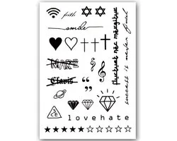 Temporary Tattoo Hart/Kruis/Diamant/Sterren/Teksten (A5 formaat) [Neptattoo - Tijdelijke tatoeage - Nep Fake Tattoos - Water overdraagbare festival sticker henna outfit tattoo - Glitter tattoo - Volwassenen Kinderen Jongen Meisje]