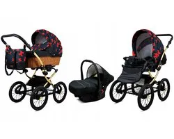 BabyLux® Poussette 3en1 - CLASSIC GOLD - RED BOW SILVER FRAME - Poussette Pliante incl. Nacelle, Poussette Multifonctionnelle Siège Sport, Siège Auto - Poussette Combinée avec Sac à Langer, Housse de Pluie, Moustiquaire, Porte-Gobelet, etc.
