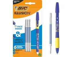 Stylo bille effaçable et rechargeable et recharges BIC Illusion - Encre bleue - pack de 1 stylo et 3 recharges - Pointe Medium 0 mm