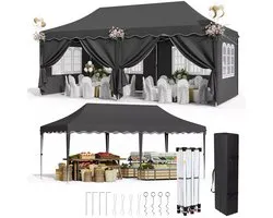 Tente de réception 3x6m – Tente de fête pop-up pliable – Tente facile à monter - Comprend 6 parois latérales – Étanche – Réglable en hauteur 2-3 m – Pour jardin, marché et événements - Gris