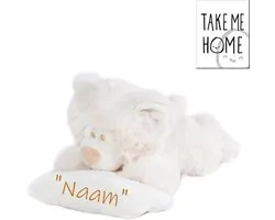 Take Me Home Pluche Beer Liggend Met Kussen 25 cm Off White Gepersonaliseerd met Eigen Naam