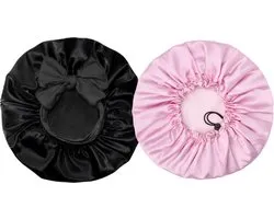 BeBlooming Luxe Bonnet Satijn Verstelbaar - 2 Stuks - Satijnen Slaapmuts - Haarnetjes - Haarverzorging - Elastisch - Krullend Haar Producten - Roze/Zwart