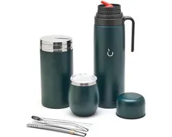 Complete Yerba Mate Set – moderne Mate Kalebas, Thermoskan, Yerba-container, twee pompons en schoonmaakborstel inbegrepen – alles premium kwaliteit 304 18/8 roestvrij staal (GOUD)