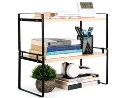 Belle Vous Wooden Desktop Organiser Shelf - Stackable 2-Tier Storage Rack for Home Table, Kitchen or Desk - Freestanding Display Shelf for Books, Decor or Office Supplies - Brown and Black