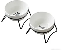 Verhoogde keramische voerbak voor katten en honden, met standaard en kantelbare tray, stijlvol wit met zwart design, gemakkelijk schoon te maken