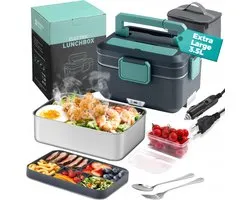 Dubbellaags Elektrische Lunchbox - Verwarmde Bento Box - 3,5L Thermos Lunchbox - PTC Constante Temperatuur - 90W - 12V/24V/220V - Vaatwasbestendig - Isolatietas & Bestek - Draagbare Broodtrommel - Voor Chauffeurs & Kantoor & Bouwplaats
