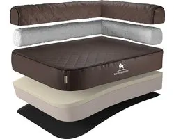 Panier orthopédique d'angle pour chien Knuffelwuff Winslow en cuir synthétique matelassé au laser L 85 x 63 cm accoudoir droit marron