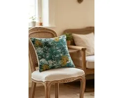 Boho-kussenhoes van polyester met bosprint in blauwgroene tinten, vintage vierkante kussenhoes met bosmotief voor de inrichting van een landelijke bank,45x45cm