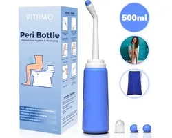 VITAMO™ Peri Bottle 500ml - Draagbare Bidet - Perineum Douche - Vaginale Douche - Postpartum Spoelfles - Complete set met 2 Sproeikoppen en Opbergzak - Blauw