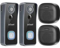 ieGeek Security Bell J9 Video Deurbel - Add-on - Video Doorbell - Cam technologie, 2K Resolutie Full HD - resolutie, kleur nachtzicht - Draadloos/Batterij - Live videogesprek, 24/7 opname, Mens- en bewegingsdetectie - Waterdicht - 2 Stuks