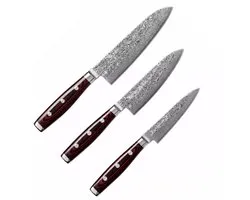 Yaxell Super Gou Set de Couteaux - Coffret Cadeau - 3 pièces - Santoku 16,5 cm, Klein Santoku 12,5 cm & Couteau d'Office 8 cm - 161 Couches d'Acier Damassé - Acier SG2 - 63 HRC - Manche Toile-Micarta