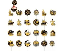 Eid Mubarak Cupcake Toppers – Gouden Glitter Star Moon Eid Cupcake Toppers – Perfect voor Eid Party Muffin Cake Eid Mubarak Decoraties Ramadan Party Supplies