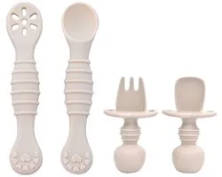 2 Setjes - Siliconen Baby Bestekset – 2 Sets Kinder besteck (Groot & Klein) – Peuterbestek - Babyservies - Ergonomische Greep – BPA-vrij – Crème – Vanaf 6 Maanden