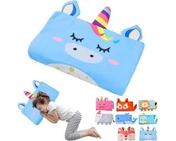 Traagschuimkussen voor kinderen, wiegkussen, kussen voor kinderen met kussensloop, hypoallergeen, anti-mijt, kinderkussen voor een dutje voor jongens en meisjes (3-10 jaar) (blauwe eenhoorn)