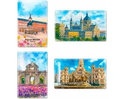 Magneten van Madrid voor koelkast, verpakking van 4 magneten, geschenk en decoratie bron van Cibeles, kathedraal van de Almudena, deur van Alcalá - Plaza Mayor, koop solidariteit