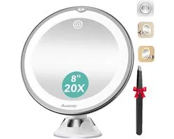 Miroir cosmétique Auxmir avec éclairage, grossissement x20, 3 modes de couleur et ventouse puissante, miroir de maquillage rotatif à 360° avec 34 LED, miroir de rasage à intensité variable de 20 cm pour la maison, la salle de bain et les voyages