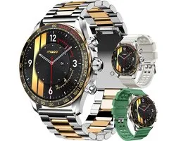 Maoo Titan AMOLED Smartwatch Men - Édition Spéciale - Acier inoxydable et 2 bracelets TPU - Podomètre - Moniteur de fréquence cardiaque - Moniteur de sommeil - Multisport - Convient pour Android et iOS - Argent et Or