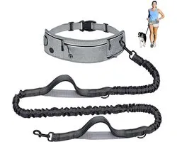 Hardloopriem hond-Anti-sprint heupgordel hond-Hondenriem flexi-Verstelbare heupband met zakken, waterfleshouder, reflecterend elastisch koord en dubbele handvatten - geschikt voor hardlopen, wandelen en trailrunning