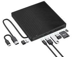 Oneay Externe CD/DVD-drive en ultraslanke CD-brander (USB 3.0-interface), voorzien van 4 USB-poorten en 2 TF/SD-kaartsleuven; compatibel met laptops, Macs, pc's (Windows 11/10/8/7) en Linux-besturingssystemen.