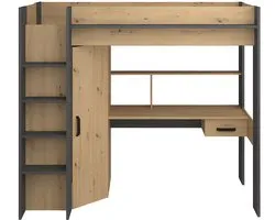PARISOT Mezzanine kinderbed - Eiken en grijs decor - Inclusief boxspring - 90 x 200 cm - HOOG