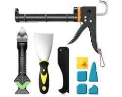 Kit de mastic professionnel avec pistolet à mastic, retrait de mastic et couteau à mastic - Kit de mastic 5-en-1 pour le scellage des douches et salles de bains, comprenant pistolet à mastic, grattoir à mastic et couteau de dos.