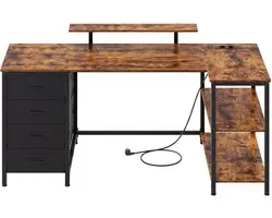 VASAGLE LWD172KD01 - Bureau d’angle en L - prises intégrées - étagères réglables - 4 tiroirs