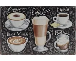 Plaque murale - Types de Café - Caffe Latte - Capuccino - Espresso - Rétro - Décoration murale - Plaque Publicité - Restaurant - Pub - Bar - Café - Traiteur - Plaque Métal - 20x30cm