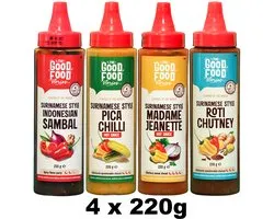 Surinaamse Pittige Hotsauce Sambal Spuitfles Mix Pakket - Madame Jeanette, Javaanse, Pica Chilli & Roti Chutney - The Good Food Stories (TGFS) - 4 x 220g