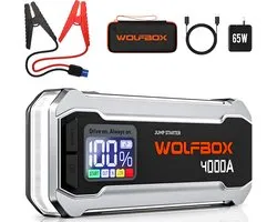 Wolfbox Jumpstarter - 4 000 A/24 000 mAh - Câbles de démarrage avec batterie externe - Démarreur pour Voitures avec éclairage d'urgence LED et SOS