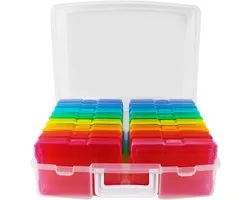 Foto-opbergdoos — Fotodoos – Organizer - Multifunctioneel — Plastic draagkoffer met handvat — Inclusief 16 binnenverpakkingen— Ideaal voor het opbergen van foto's, kaarten en meer — Afmetingen 37,5 x 30 x 13 cm