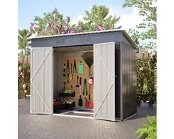 Tuinschuur Afsluitbaar Lessenaarsdak 242 x 126 x 182 Cm Metaal Grijs Voor Tuingereedschap En Buitenopslag Met Ventilatieroosters