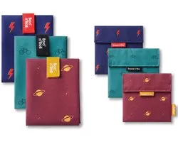 Boc’n’Roll - Snack'n'Go - Voordeelset Cool Prints 6 stuks - Herbruikbaar Boterhamzakje en Snackverpakking - Sluiting met klittenband - BPA-vrij - Waterdichte binnenlaag - Wasbaar tot 60°C