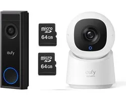 Sonnette vidéo sans fil eufy C30 2K 2K FHD - Batterie Zwart + eufy Security - Cam intérieure C220 + 2X SAMSUNG MicroSDXC 64 Go PRO - Bundle