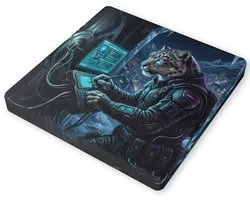 Tableau sur Toile Cyberpunk Panthère des Neiges Décoration Murale Panthère Hacker devant une Porte de Coffre-Fort Glacée dans une Ville de Montagne Sci-Fi Tableau d'Art Animalier Cool pour Salle de Jeux et Salon 20x20 cm