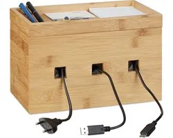 relaxdays cable box bamboo - cable management wood - desk multi-recharge station - cable box